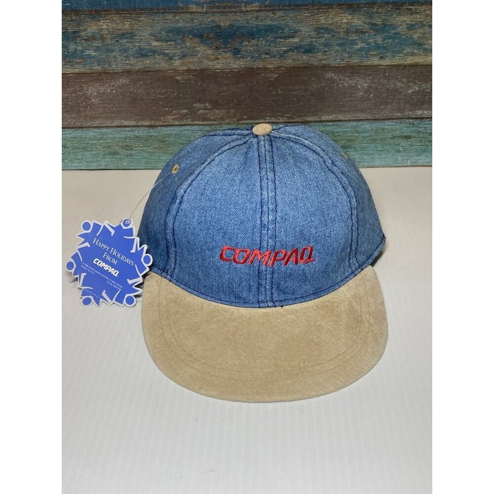 Vtg 90’s  COMPAQ Logo DENIM / Leather Tech Computer PC Strapback Hat Cap NWT